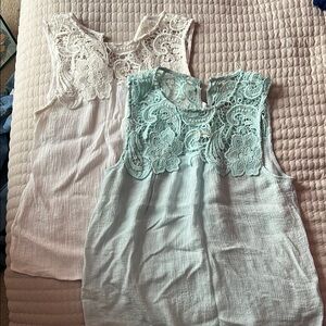Lace Detail Sleeveless Tops - White and Mint